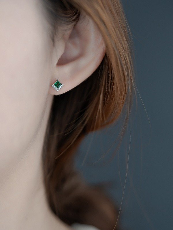 Green Princess-Cut Stud Earrings | 18K Gold Plated product image (6)