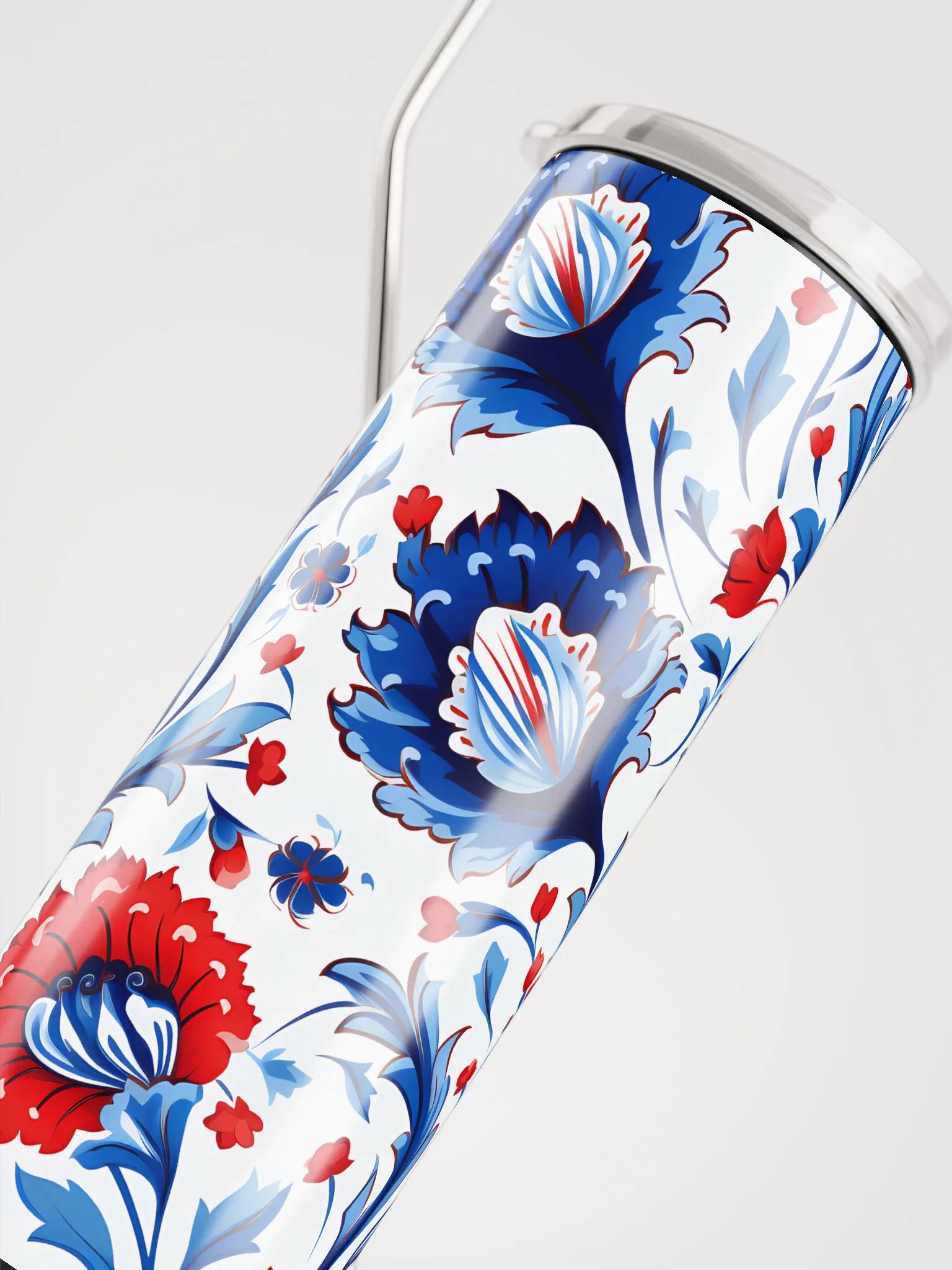 Colorful Pattern, Red, White, and Blue Flowers Skinny Tumbler with Straw, 20oz product image (10)