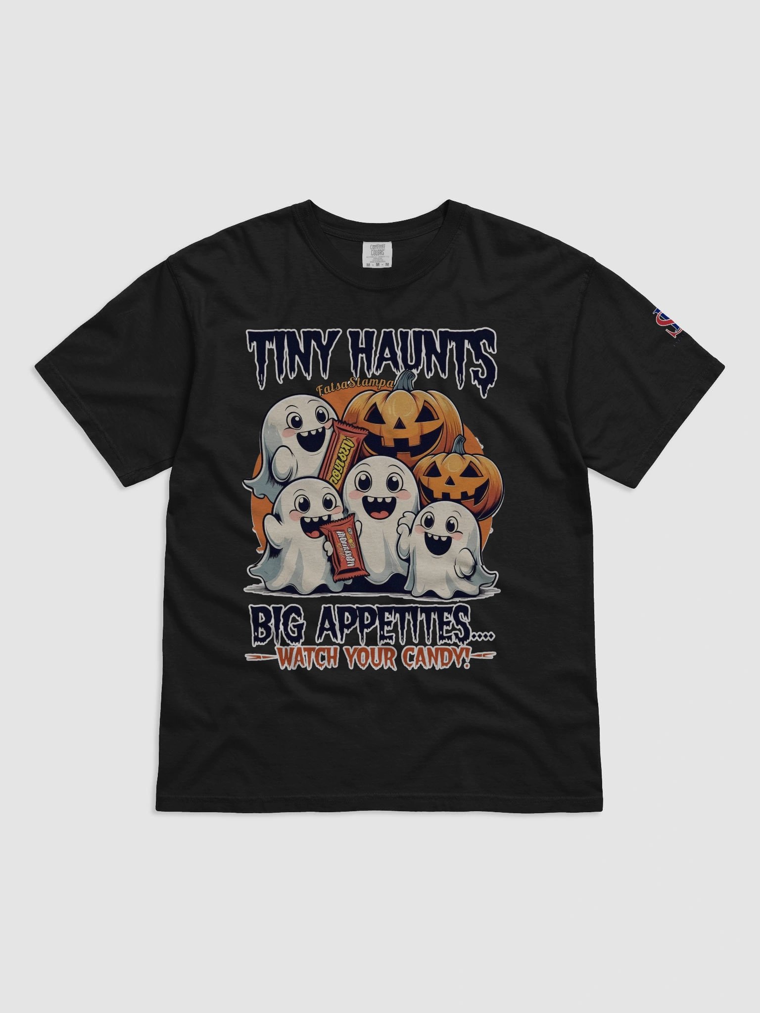 Tiny Haunted Bites: Cute Ghost Squad Guarding Halloween Candy T-Shirt product image (4)