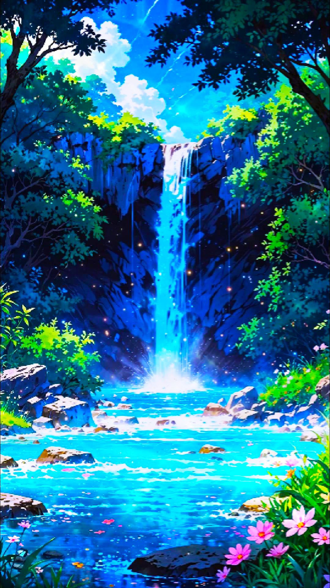 A serene anime waterfall cascading down moss-covered rocks, surrounded by lush, vibrant pink flowers under a soft blue sky. product image (1)