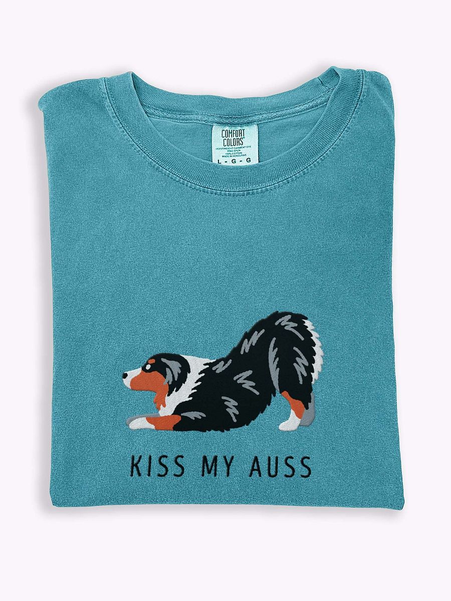Kiss My Auss(2) T-Shirt(Embroidered) of an Australian Shepherd(Tricolor) product image (1)