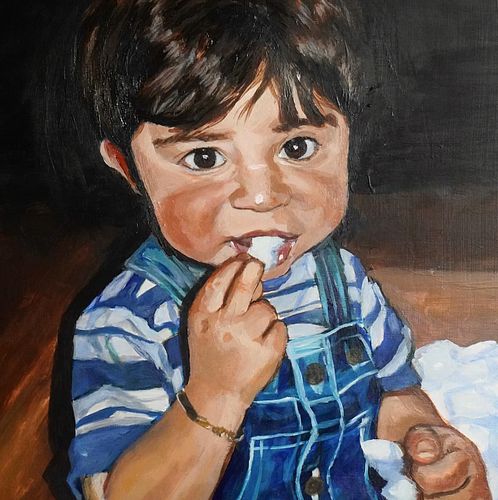 “Chiquítin” 

2023 

Acrylic painting on board

This is a self portrait of a baby photo to go with the other drawing I did la...
