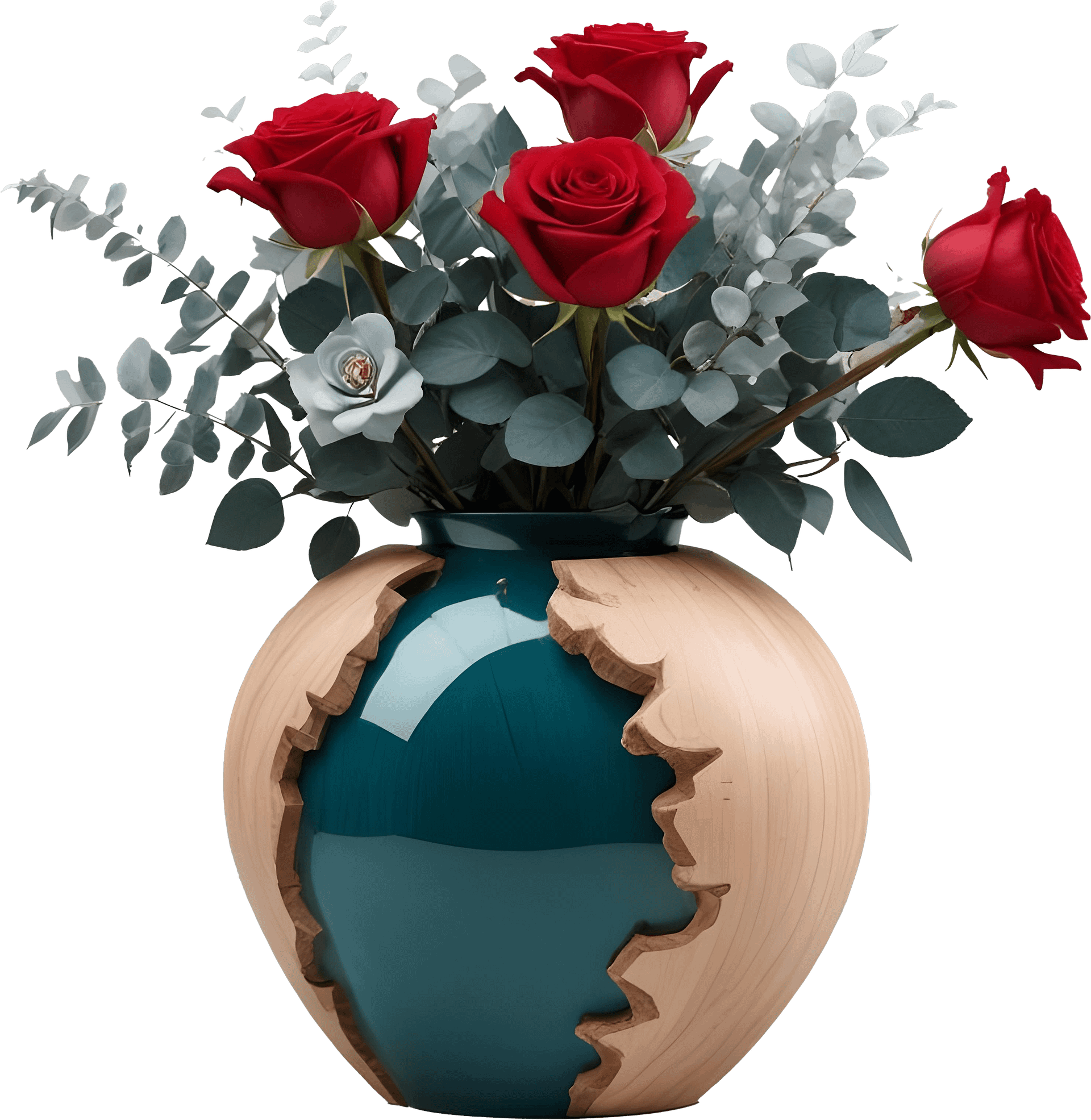 Intricate Carved Wooden Vase with Red and White Roses PNG product image (1)
