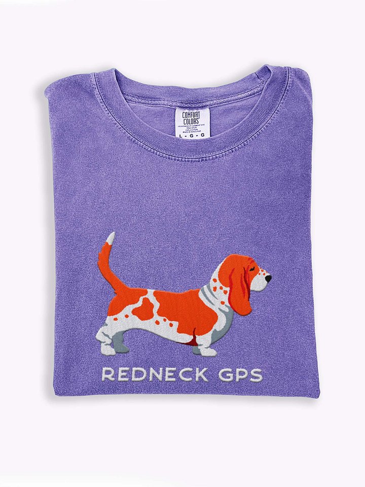 Redneck GPS T-Shirt(Embroidered) of a Basset Hound(Red & White) product image (1)