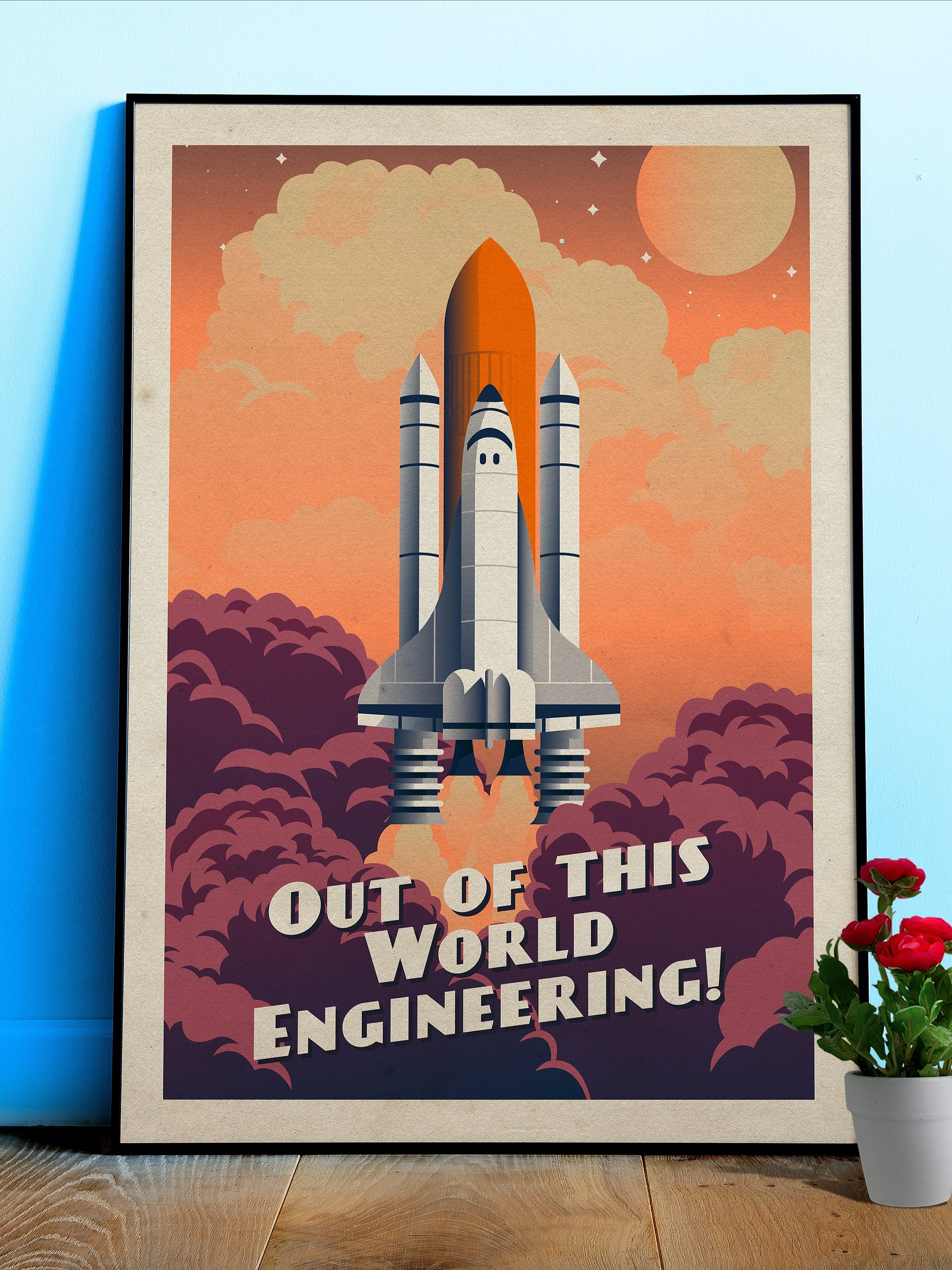 Out of this world Engineering!, NASA Space Shuttle — Vintage space poster, retro space art, propaganda poster, retrofuturism art, retro sci-fi print product image (1)