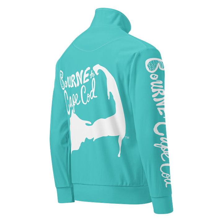 All-Over Print Recycled Track Jacket | Coastal Chill Meets Street Thrill | BOURNE to Cape Cod™ + BRN.2C.C.™ | Navy Blue Logos on Dark Turquoise product image (2)