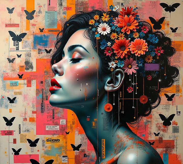 Surreal Portrait Print with Floral Crown and Butterflies – Modern Pop Art Decor product image (1)
