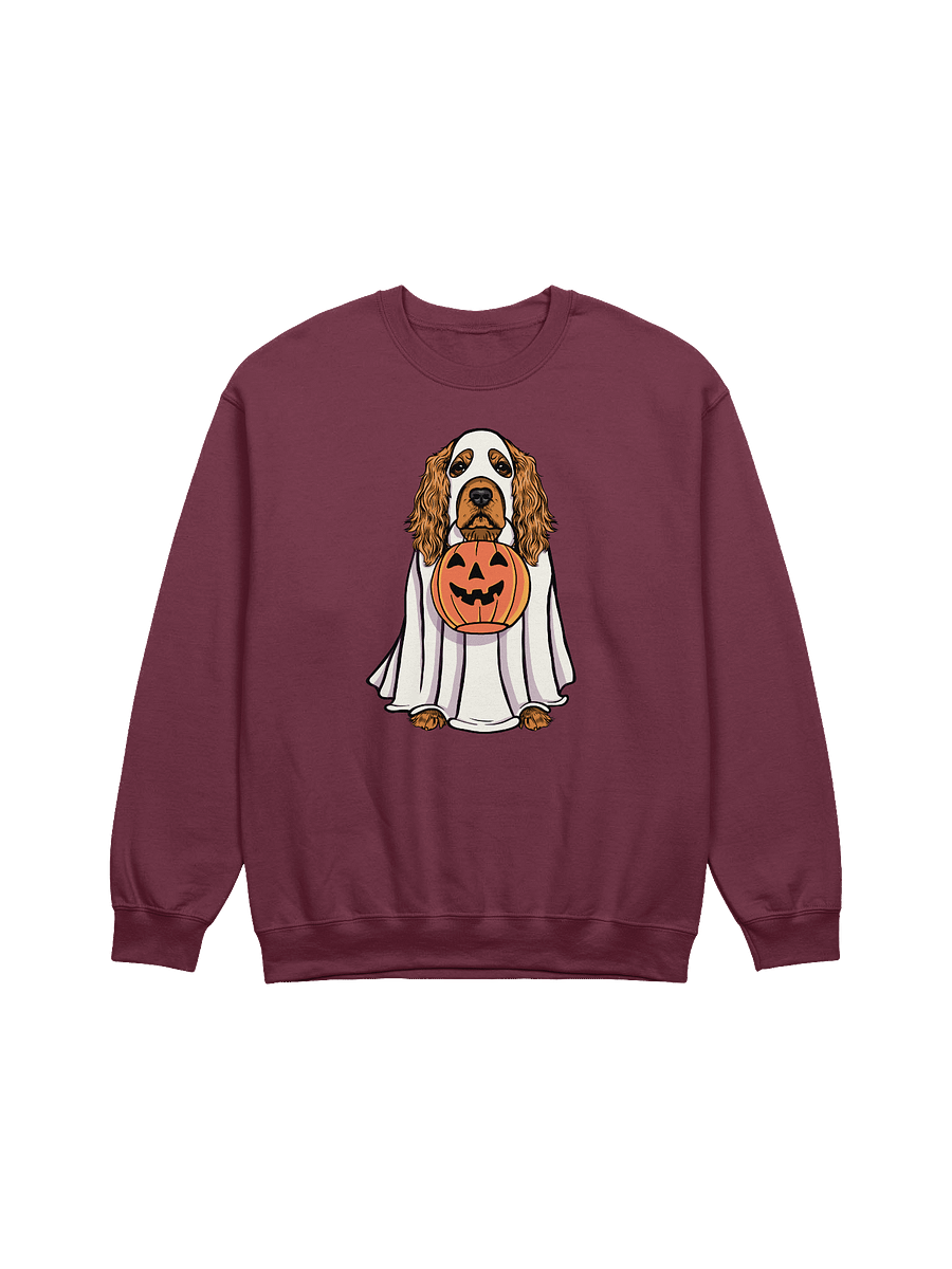Funny Halloween Cocker Spaniel Sweatshirt | Funny Cocker Spaniel Wearing a Ghost Costume and Holding a Pumpkin Basket product image (12)