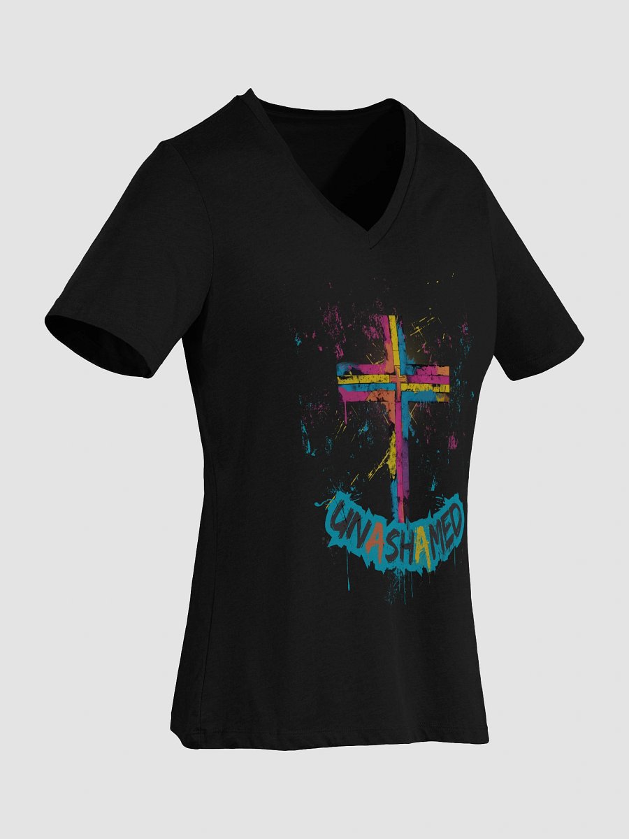 Unashamed Ro 1:16 Cross Women's V-Neck T-Shirt - Relaxed Bella + Canvas fit product image (56)