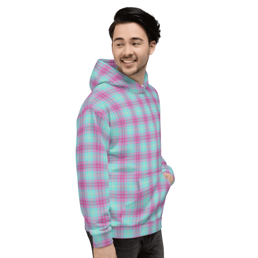 Hot Pink and Aqua Plaid Hoodie product image (5)
