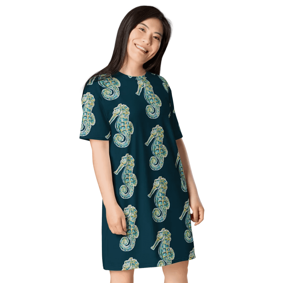 Women's | Ocean Majesty | Painted Seahorse | T-Shirt Dress | Coastal Oversized Dress | Ocean-Inspired Casual Style | Blue Whale Background product image (4)