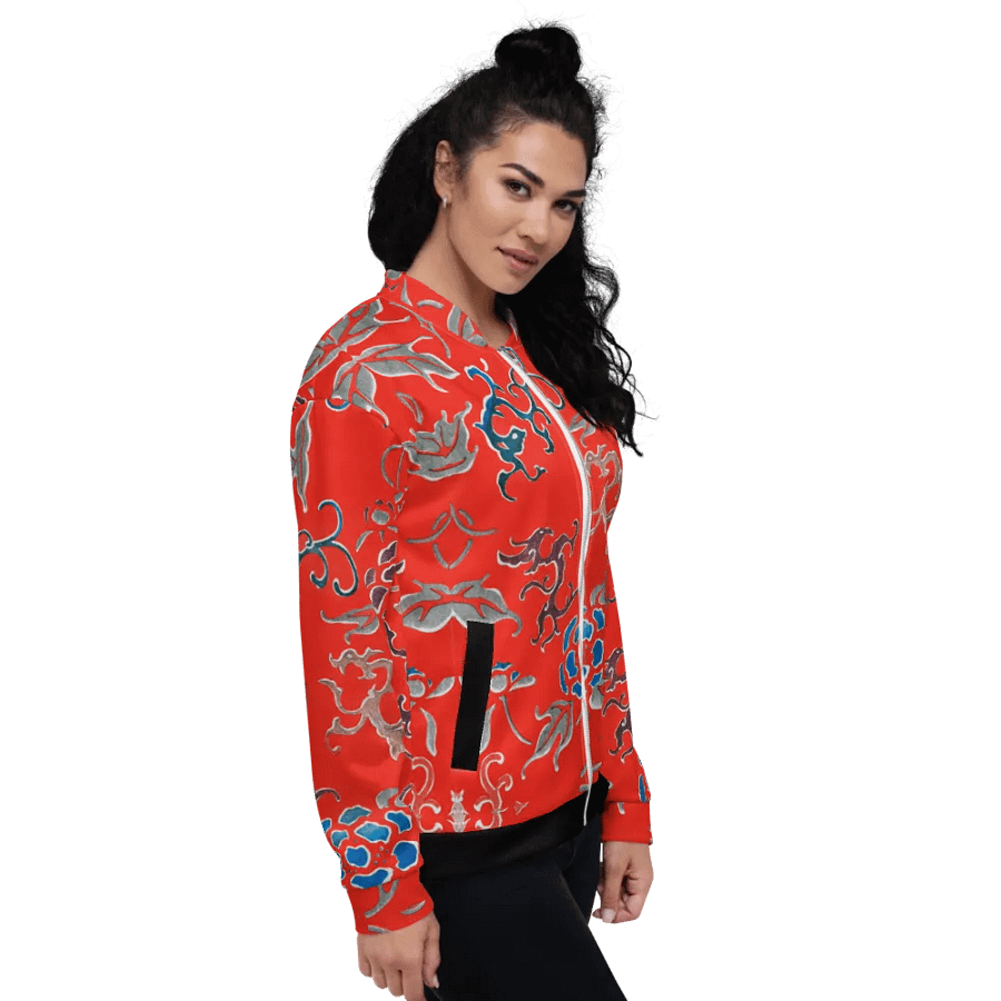 Red Oriental Floral Zip-Front Unisex Bomber Jacket product image (7)
