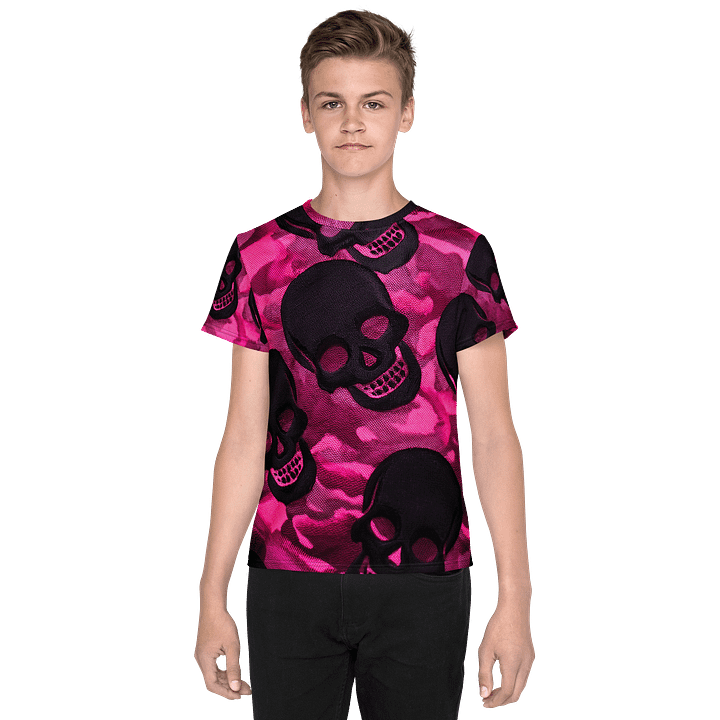 Youth Crew Neck T-Shirt pink and black skull product image (1)