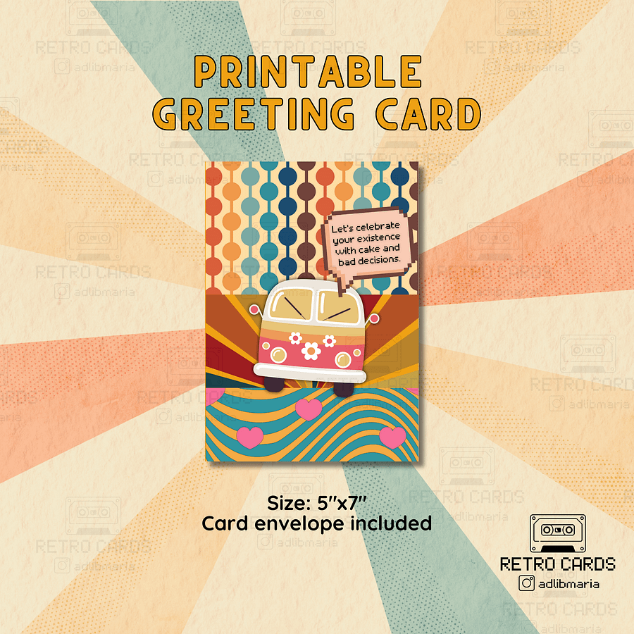 Printable Birthday Card Retro Greeting Card Let's Celebrate with Envelope product image (1)