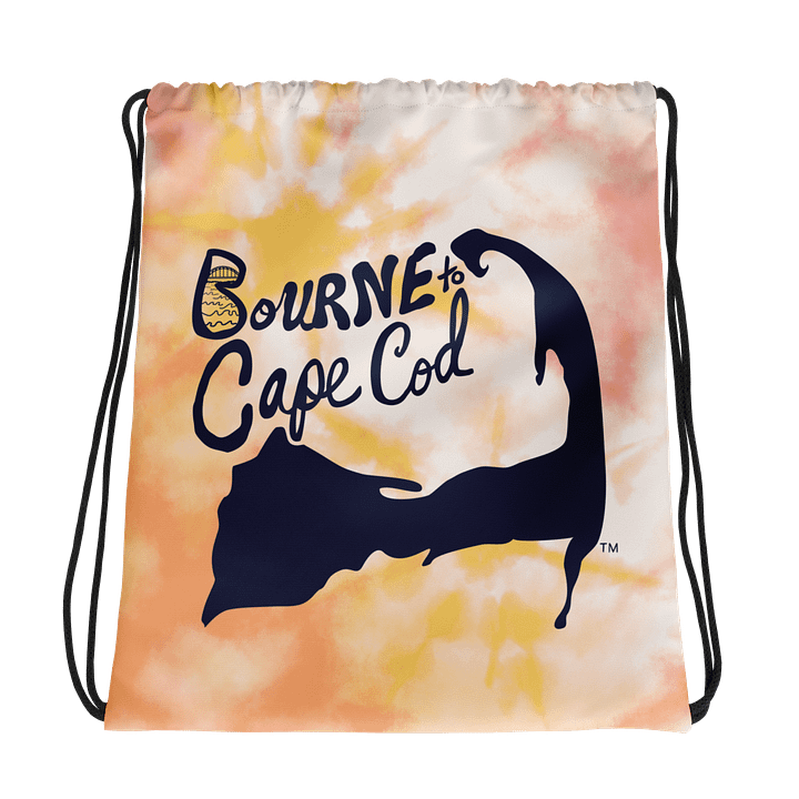 BOURNE to Cape Cod™ | Drawstring Bag | Beach-to-Gym Grab & Go | Coastal Vibe Sackpack Essential | Navy Blue Logo on Orange Tie-Dye product image (1)