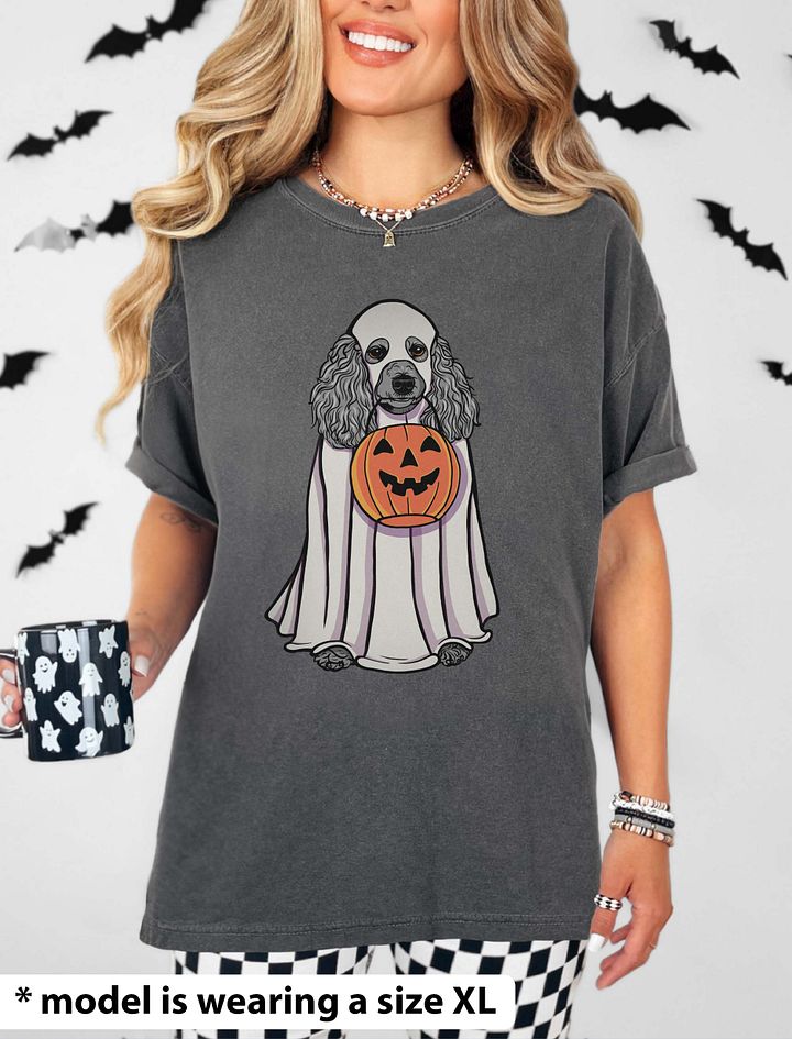Funny Halloween Poodle(Silver) T-Shirt | Funny Papillon Wearing a Ghost Costume and Holding a Pumpkin Basket product image (14)