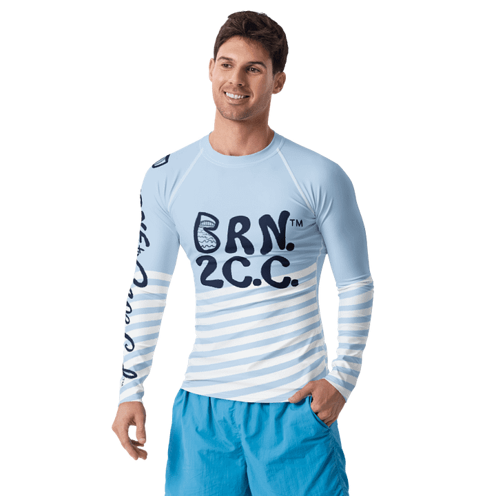 BRN.2C.C.™ /BOURNE to Cape Cod™ | Men’s Long Sleeve Rash Guard | UPF 50+ Active Coastal Shirt | Navy Blue Logos on Skyline Stirpes product image (1)