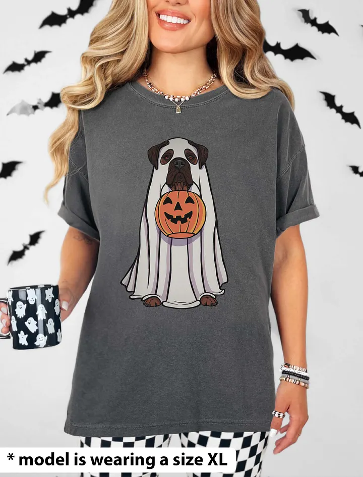 Funny Halloween Bullmastiff(Brindle) T-Shirt | Funny Bullmastiff Wearing a Ghost Costume and Holding a Pumpkin Basket product image (10)