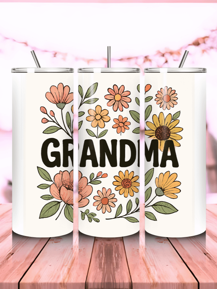 Grandma Floral 20oz Tumbler Wrap PNG – Skinny Sublimation Design with Elegant Flowers & Heartfelt Quote – Perfect Gift for Grandmothers – 300 DPI Instant Digital Download product image (1)