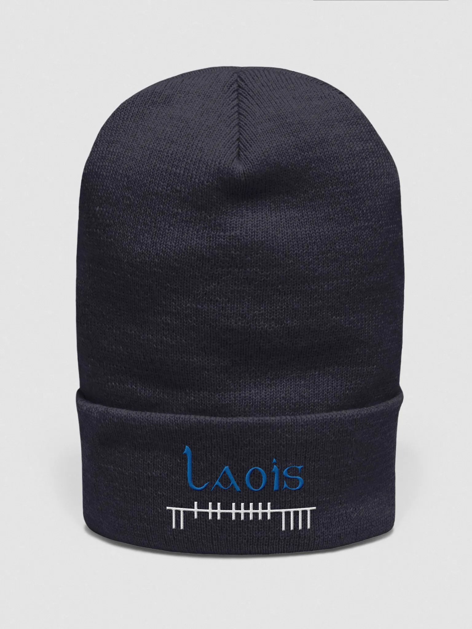Laois Orthodox style Ogham, white and blue, embroidered Cuffed Beanie product image (1)