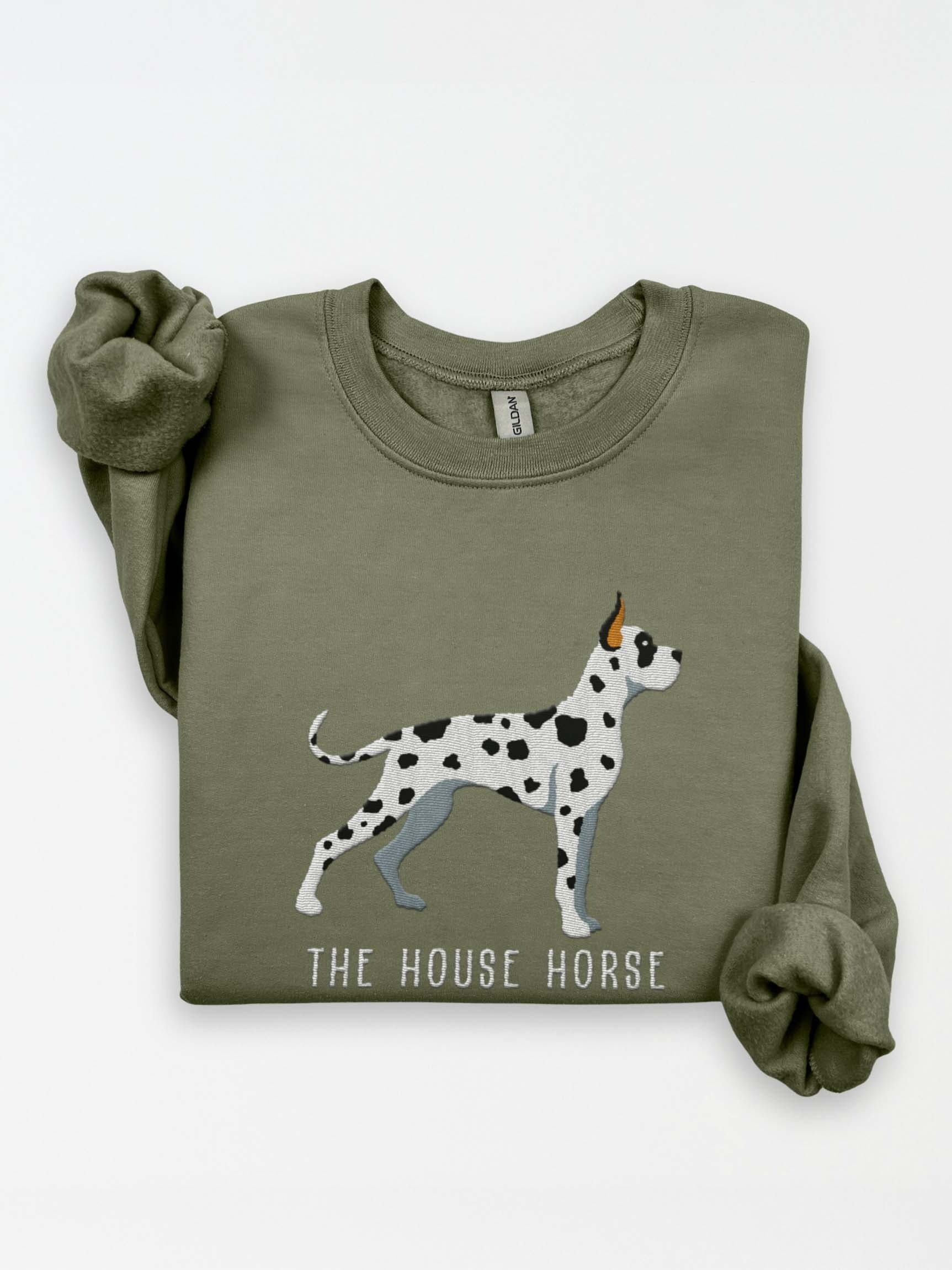 The House Horse Sweatshirt (Embroidered) of a Great Dane(Harlequin, Cropped Ears) product image (1)