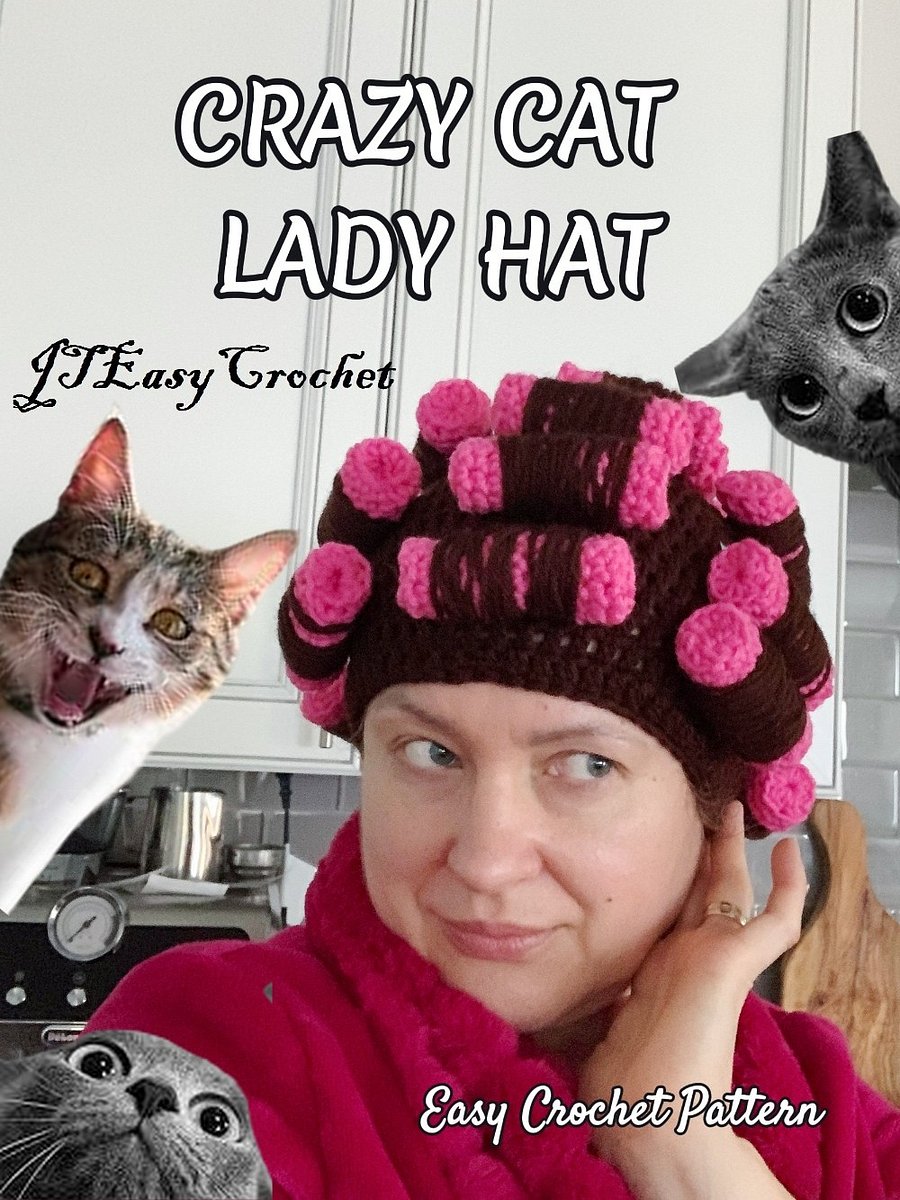 Crazy Cat Lady Hat Crochet Pattern, Crochet Curler Wig Hat Pattern, Beautician Cap with Foam Rollers, ALL Sizes product image (10)