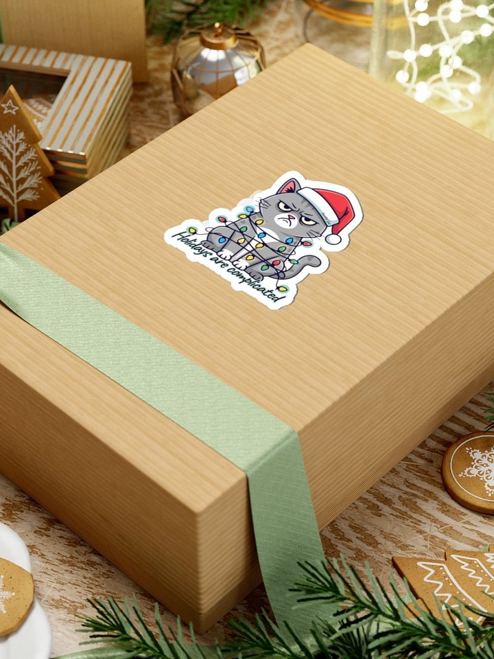 “Holidays Are Complicated” Funny Cat Sticker – Grumpy Cat Tangled in Lights – Die-Cut Matte Vinyl Holiday Sticker product image (2)