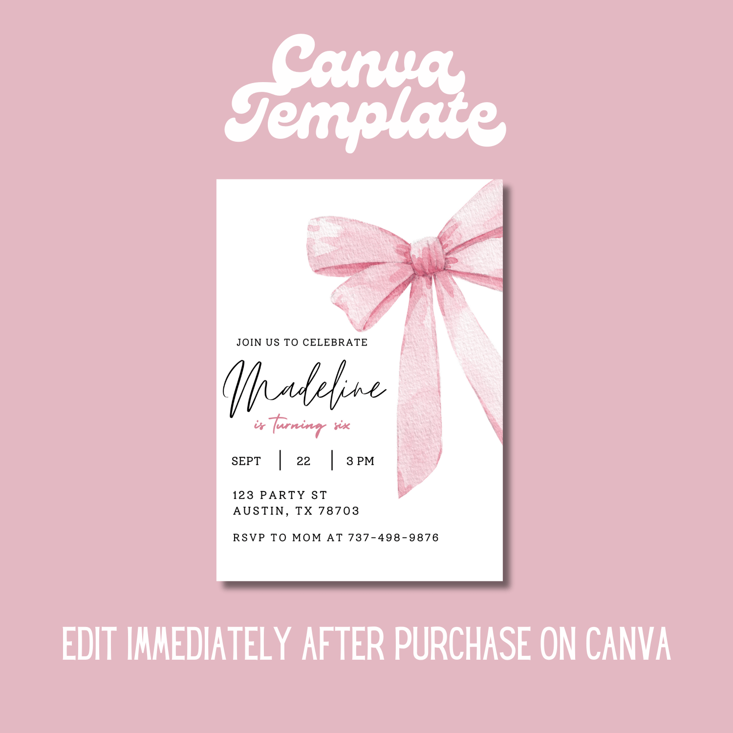 Pink Bow Birthday Invitation Template – Canva Editable Invitation for Girls product image (4)