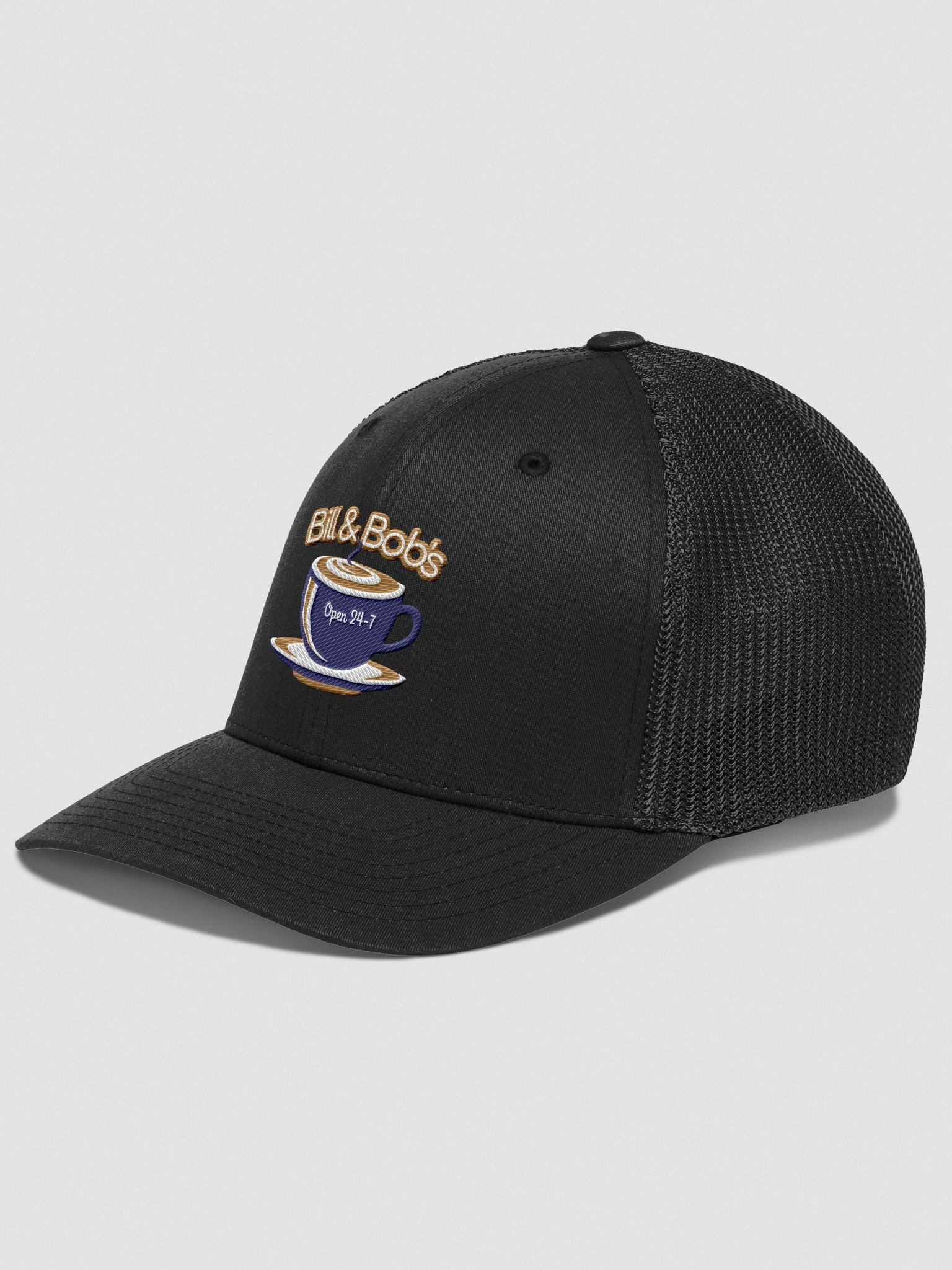Bill & Bob's Coffee Shop Open 24/7 Trucker Hat, Navy Blue Color Accent product image (3)