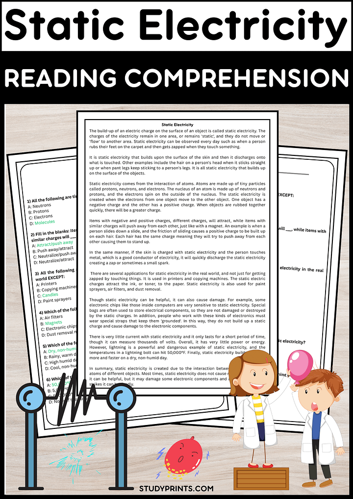Static Electricity Reading Comprehension with Multiple Choice Questions product image (1)
