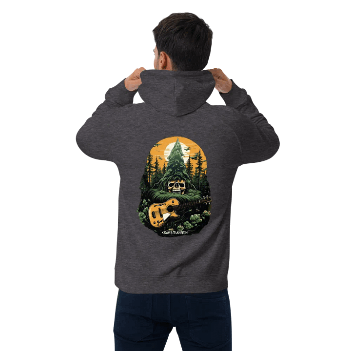 Unisex Eco Raglan Hoodie 🌲 Skeleton head with a guitar in a spruce forest product image (1)