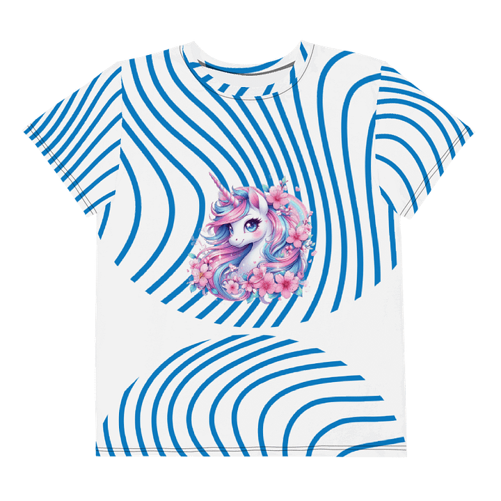 KIDS- GIRL TEE -Blue Groovy line with Unicorn design- All-Over Print Youth Crew Neck T-Shirt product image (2)