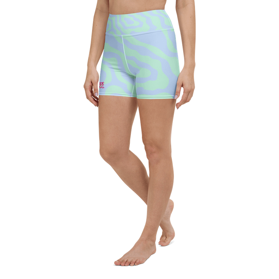 All-Over Print Yoga Shorts | with Inside Pocket | BRN.2C.C.™ | Coastal-Inspired Activewear | Vibrant Pink Logo on Wavy Pastel Stripes product image (5)