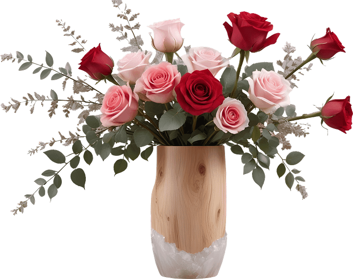 Tall Wooden and Rose Quartz Vase with Romantic Rose Arrangement PNG product image (1)