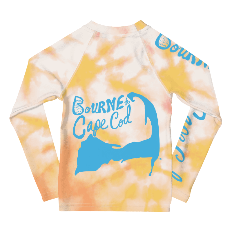 Boys' | Little KIDS | Rash Guard | BRN.2C.C.™ Front Print | BOURNE to Cape Cod™ Back & Sleeve Logo | Coastal UV Shirt for Active Kids | Slim Fit Swim Top | Blue Logo on Orange Tie-Dye product image (2)