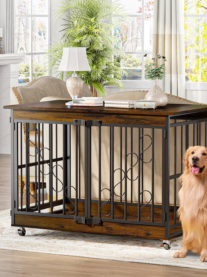 48 Inch Dog Cage Furniture for Extra Large Dog, Double-Doors Heavy Duty Dog Crate with 360° Caster Wheels, Dog Kennel Indoor Decorative Pet House Dog Cage Table, Brown product image (1)