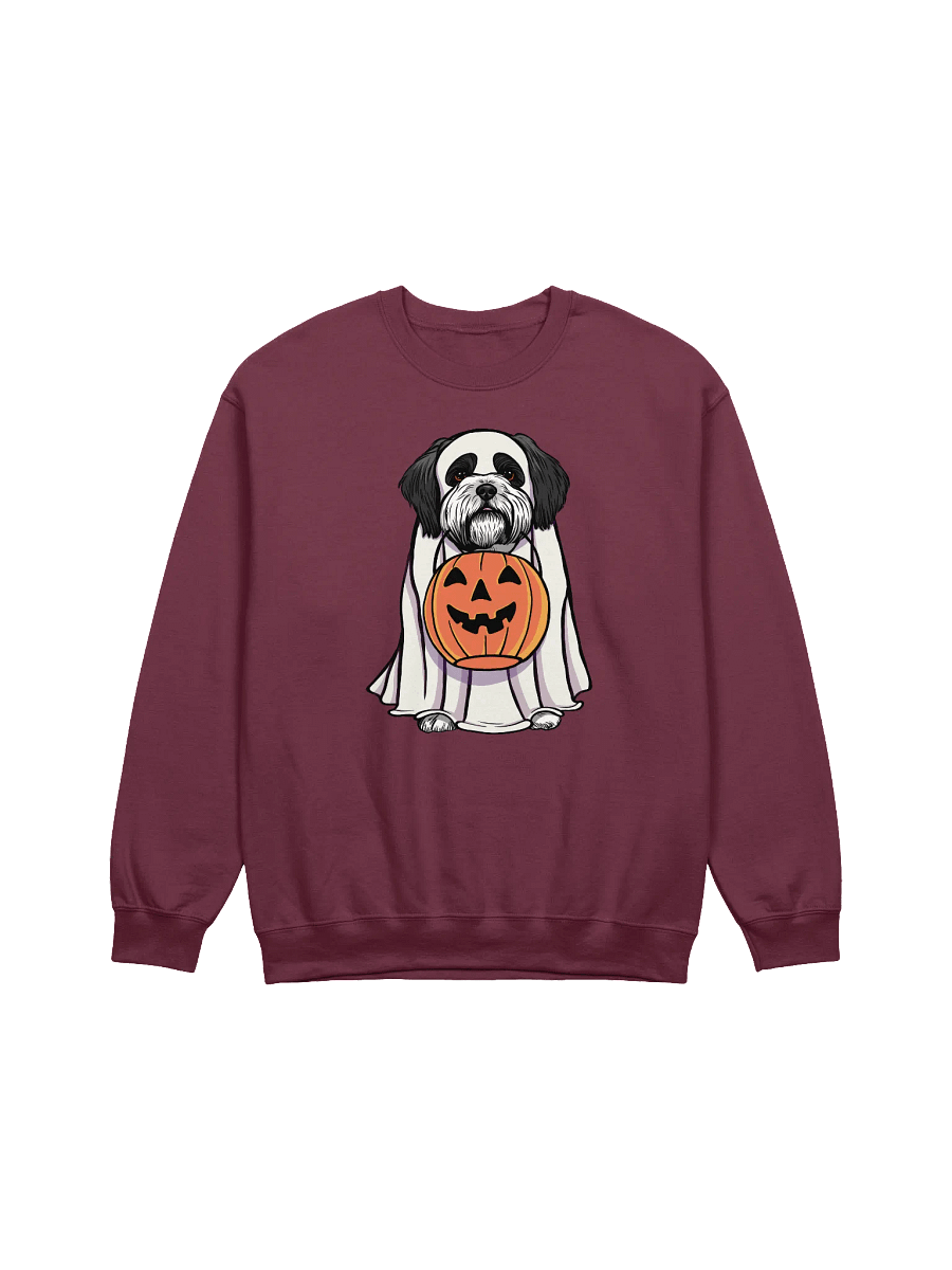 Funny Halloween Shih Tzu(Black & White) Sweatshirt | Funny Dog Wearing a Ghost Costume and Holding a Pumpkin Basket product image (8)