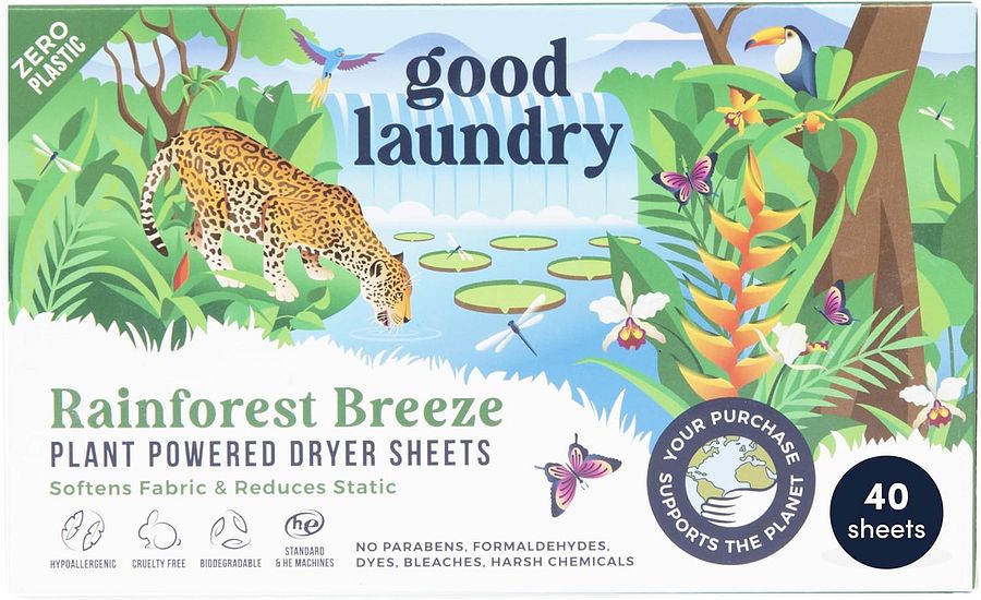 Rainforest Breeze Scented Dryer Sheets, Reduce Static, Infused with Essential Oils, No Harsh Chemicals, Biodegradable, Hypoallergenic, No Plastic product image (1)