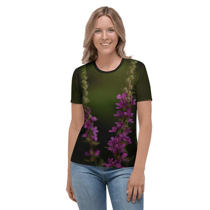 Damen T-Shirt mit Rundhalsausschnitt - Lila Blüten mit dunklem Hintergrund product image (2)