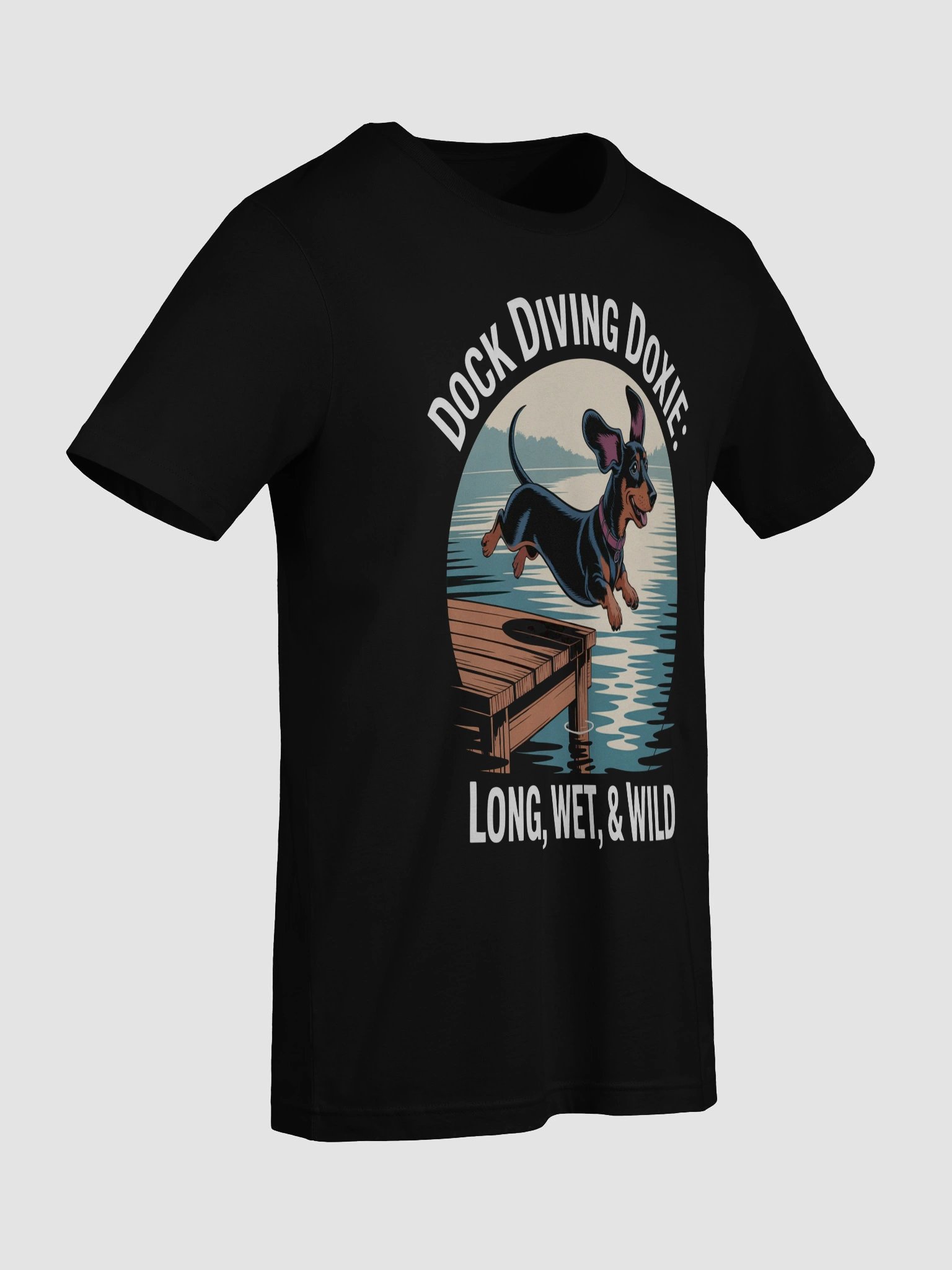 Dock Diving Doxie T-Shirt – Long, Wet, & Wild Dachshund Water Adventure Tee product image (9)