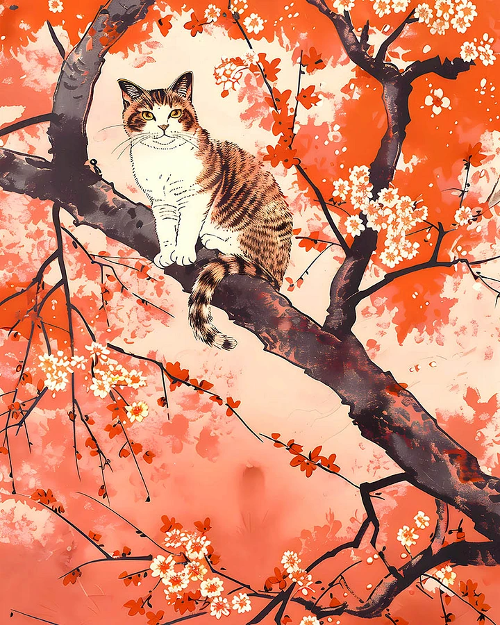 Tranquil Tabby Amidst Blossoms: Japanese-Inspired Cat Artwork Matte Poster product image (1)