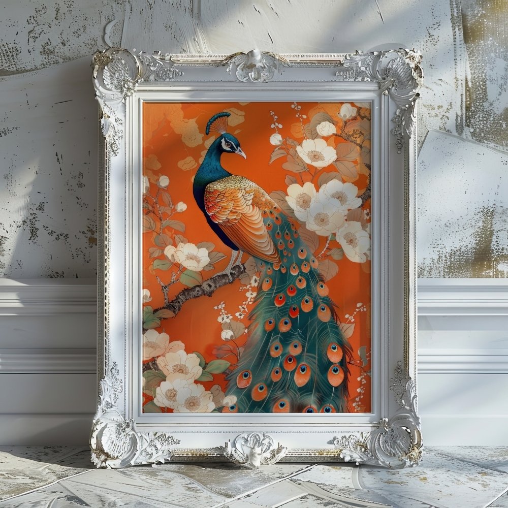 Art Nouveau Peacock on Orange Floral Art Print product image (22)