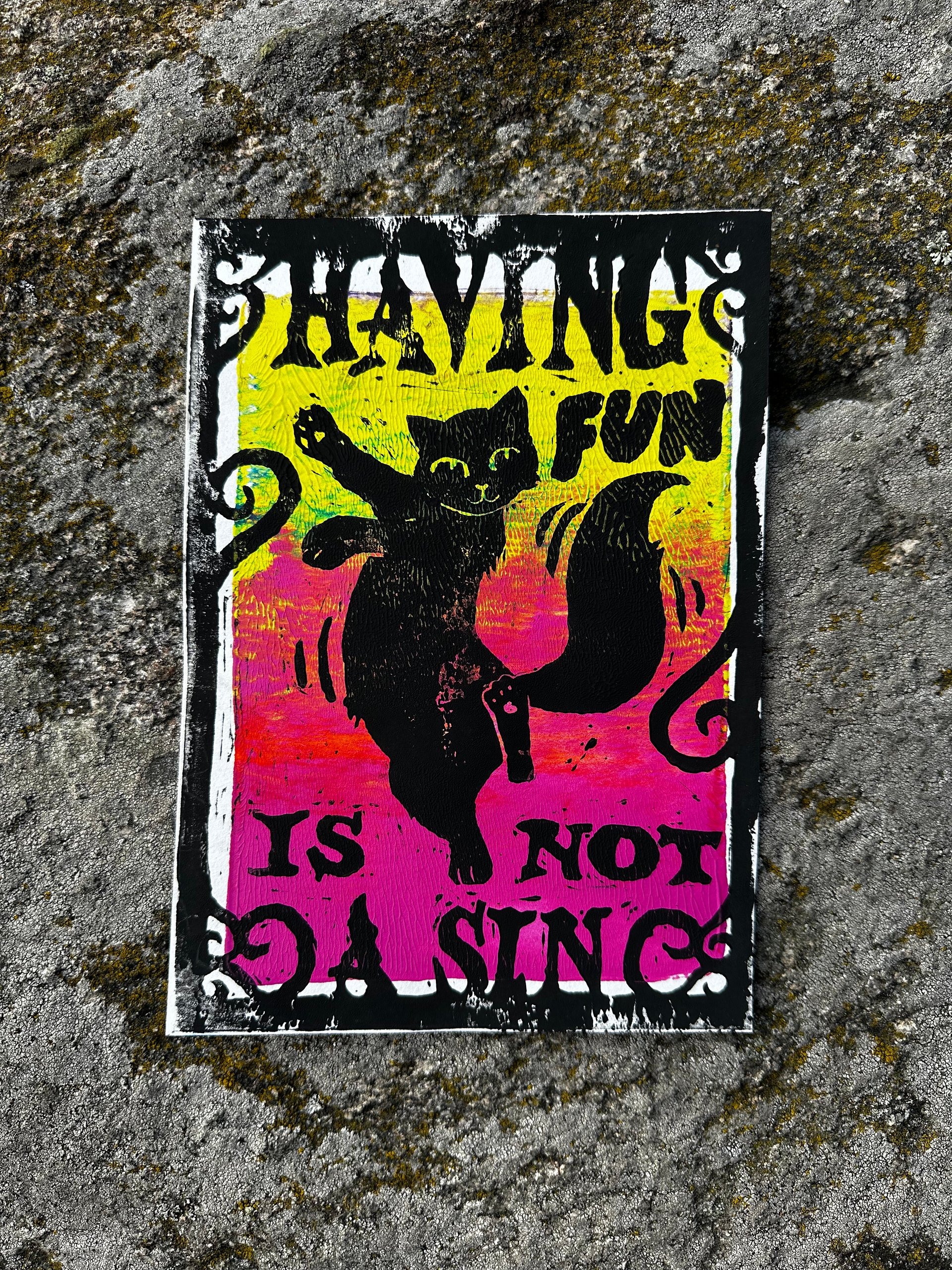 HAVING FUN IS NOT A SIN dancing cat original lino print (11) product image (1)