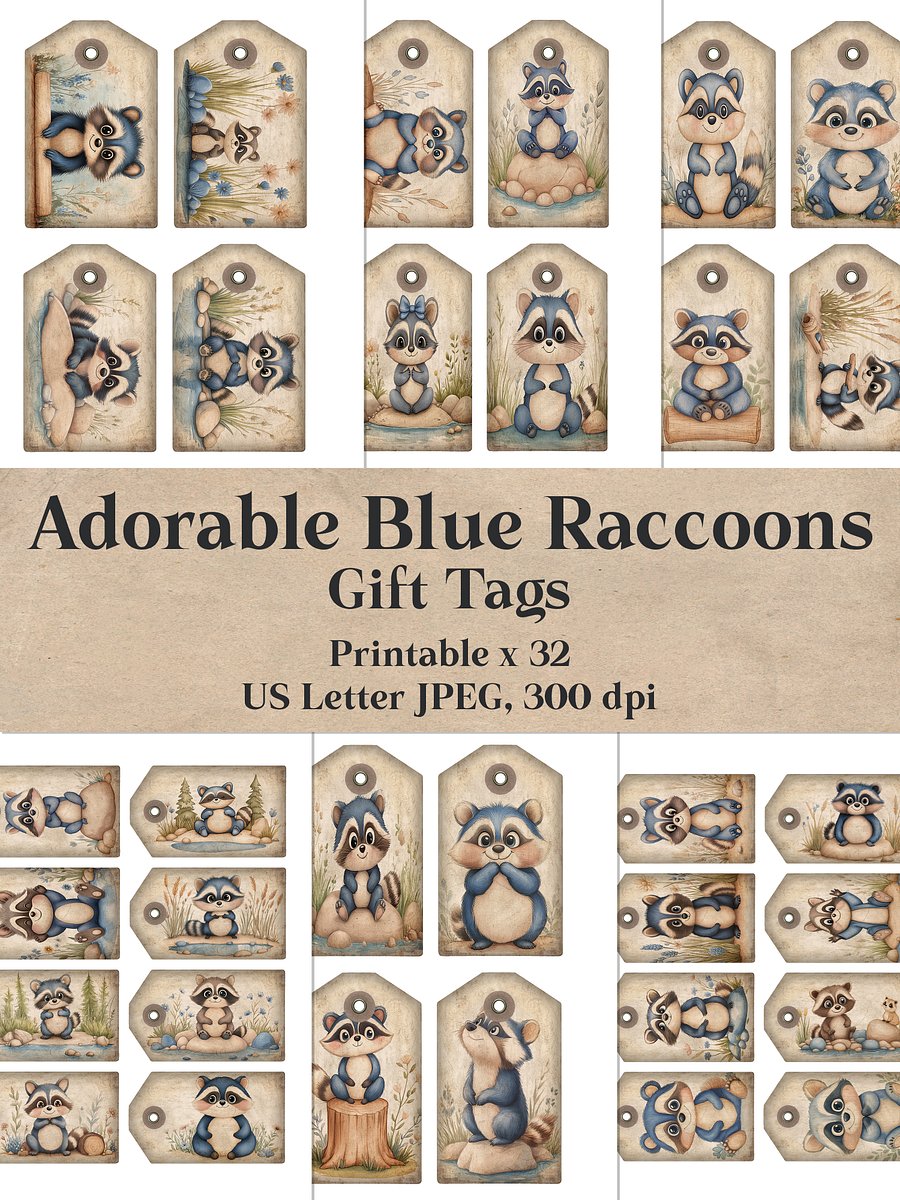 Adorable Blue Raccoons Gift Tags product image (1)