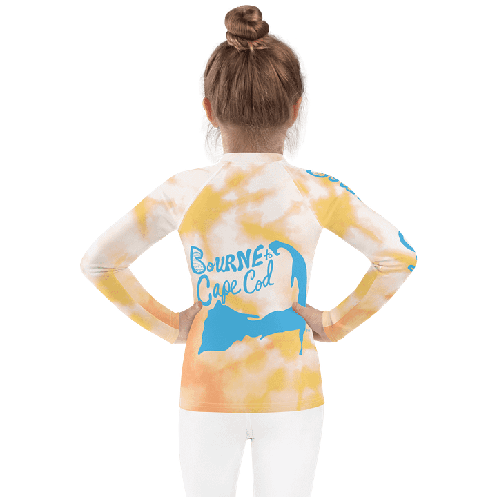 Girls' | Little KIDS | Rash Guard | BRN.2C.C.™ Front Print | BOURNE to Cape Cod™ Back & Sleeve Logo | Coastal UV Shirt for Active Kids | Slim Fit Swim Top | Blue Logo on Orange Tie-Dye product image (2)