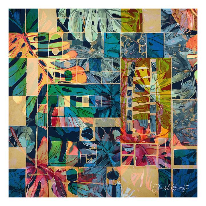 'Textural Tropics' Mixed Media Collage by Edward Martin : Vibrant Matte Poster Print product image (1)
