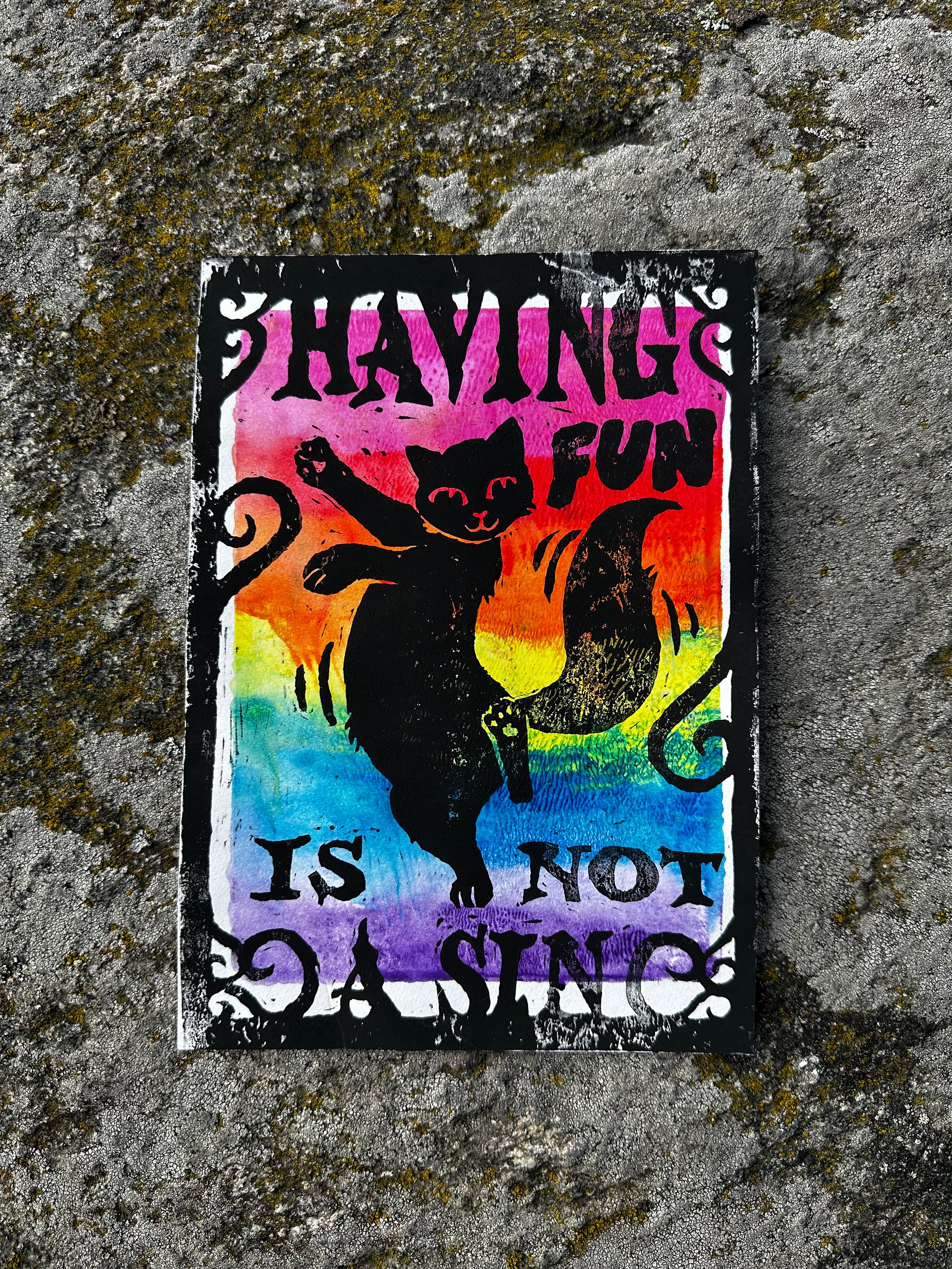 HAVING FUN IS NOT A SIN dancing cat original lino print (15) product image (1)