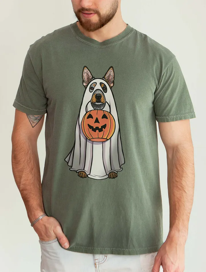Funny Halloween Australian Cattle Dog(3) T-Shirt | Funny Blue Heeler Wearing a Ghost Costume and Holding a Pumpkin Basket product image (9)