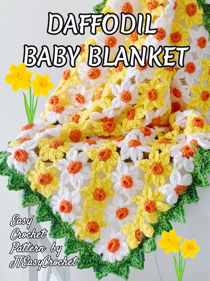Daffodils Crochet Baby Blanket Pattern, Birth Flower Crochet Motif Boho Home Decor Throw product image (1)