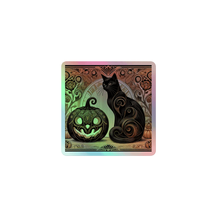 Art Nouveau Black Cat and Carved Pumpkin Vinyl Sticker – Halloween Elegance product image (1)